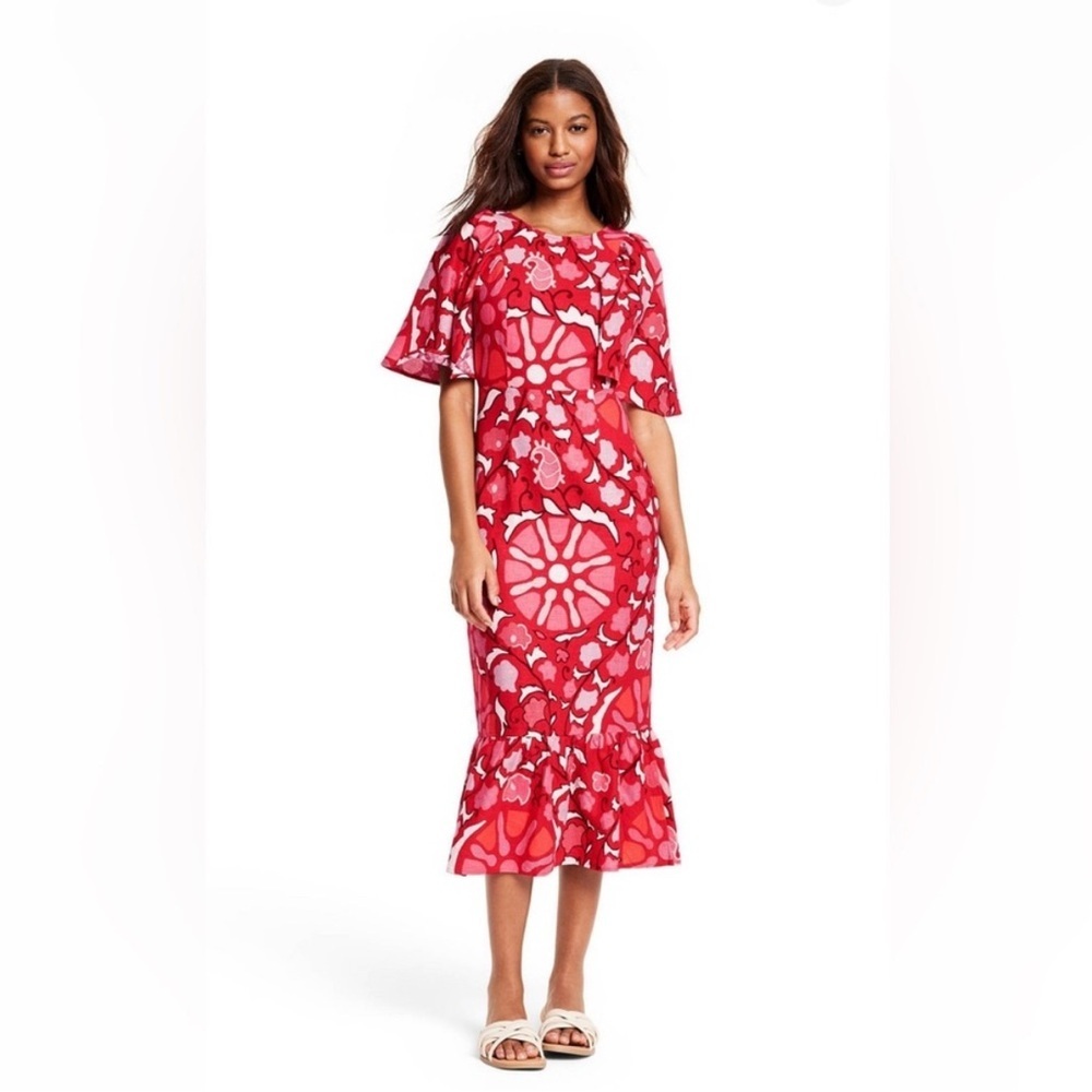 RHODE | Vibrant Red Zinnia Floral Midi Dress | Linen Blend | Sz 6